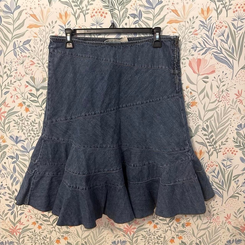 Vintage DKNY Jeans Denim Patchwork‎ Ruffle Midi Skirt